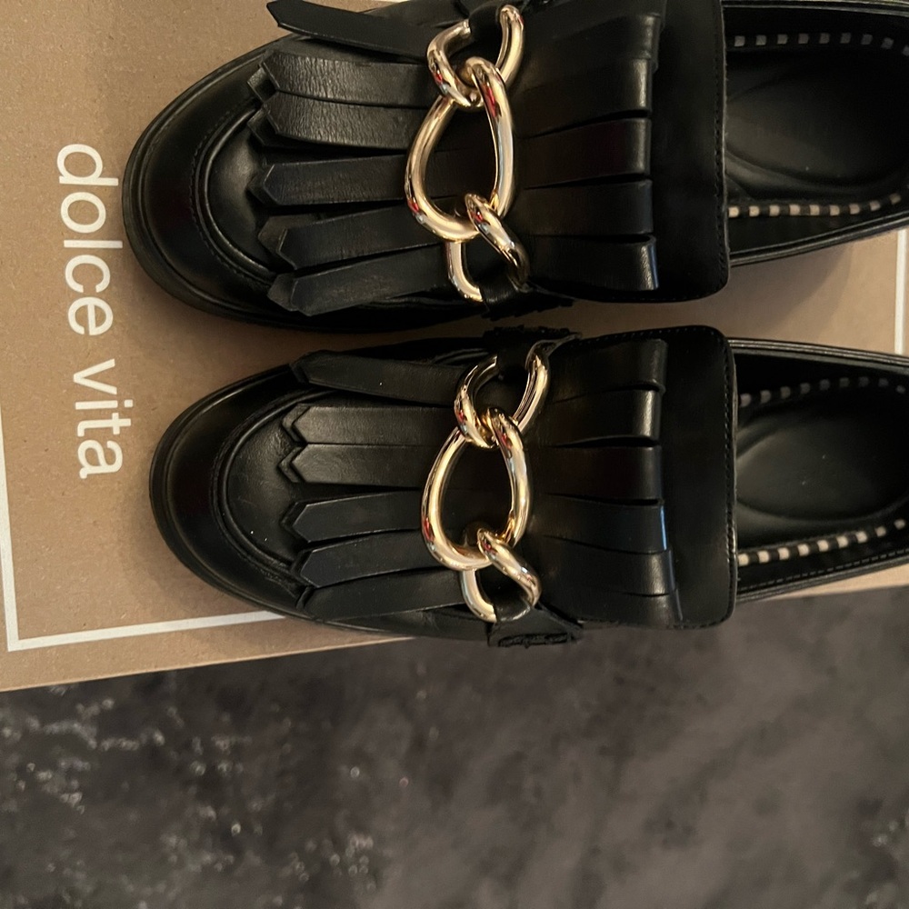 Dolce Vita Genuine Leather Black Flats with Gold Accent